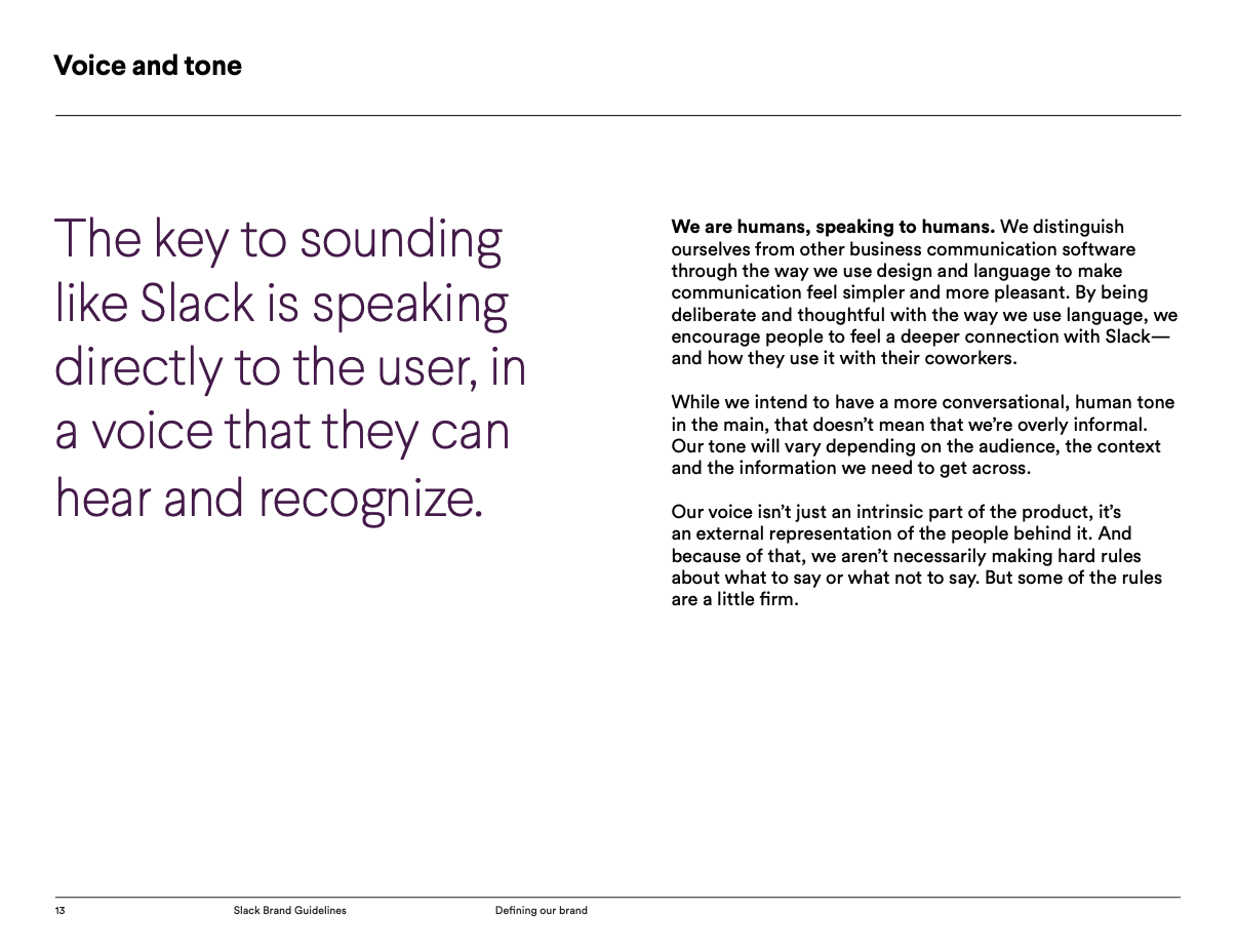 What is Brand Voice? 7 Simple Steps to Define and Scale Your Brand Voice 7 Real-world example of Slack brand voice and tone style guide documentation