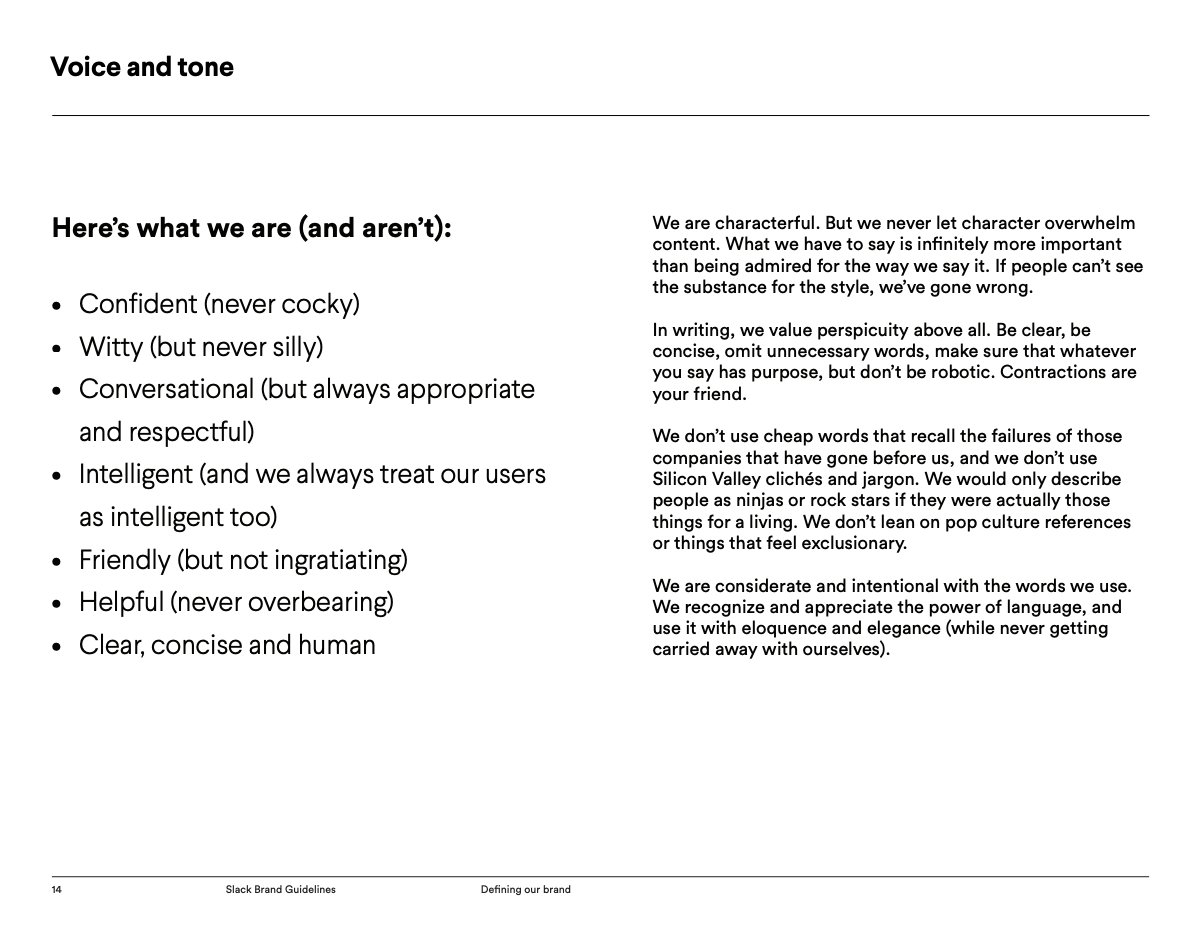 What is Brand Voice? 7 Simple Steps to Define and Scale Your Brand Voice 8 Document example of Slack brand voice guidelines outlining tone rules and personality traits for copywriters