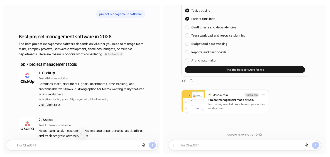 ChatGPT Ads: A Complete Guide (2026) 8 ChatGPT ads example showing sponsored product recommendation for ChatGPT Ads example displaying sponsored product recommendations below a AI search response