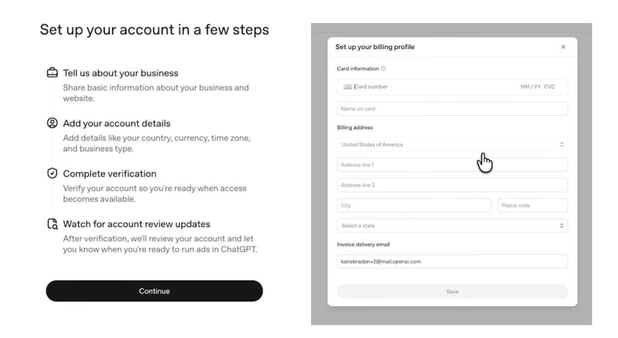 ChatGPT Ads: A Complete Guide (2026) 11 Step 1 of Step-by-Step Guide to Launching a Campaign in ChatGPT Ads Manager including business details, verification steps, and credit card billing profile