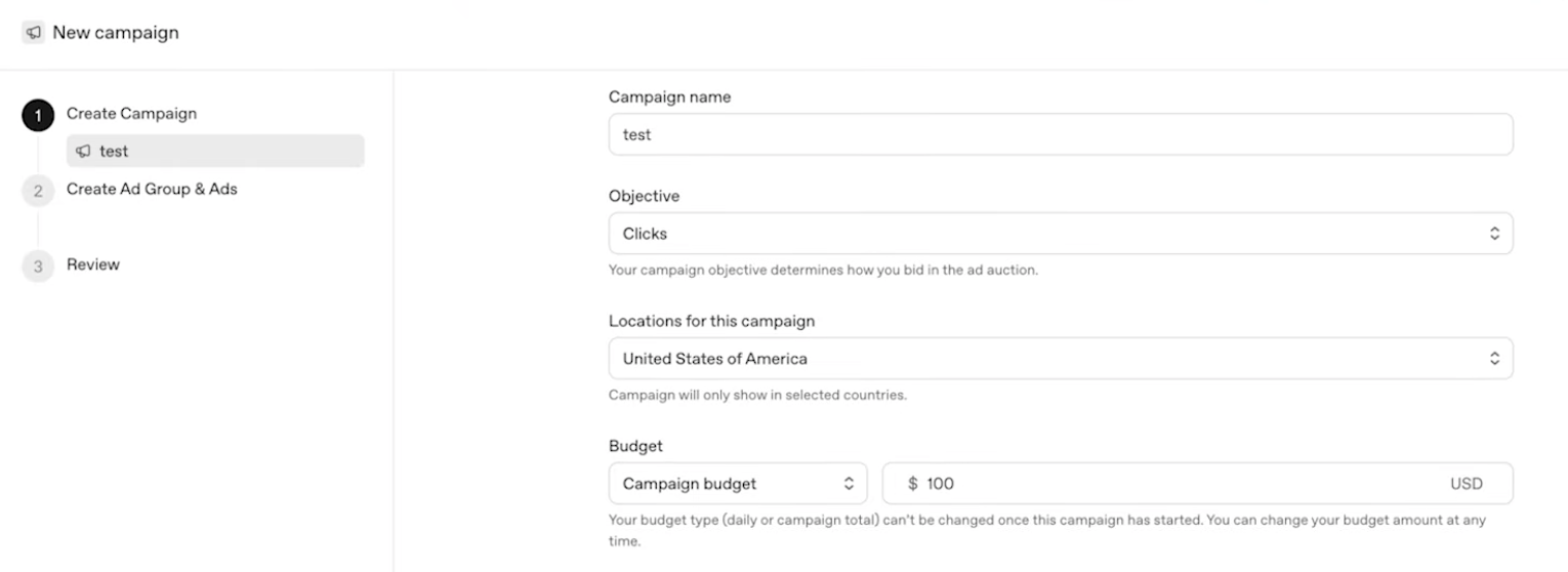 ChatGPT Ads: A Complete Guide (2026) 12 Step 3 of Step-by-Step Guide to Launching a Campaign in ChatGPT Ads Manager selecting campaign objectives including Views CPM, Clicks CPC, and Conversions