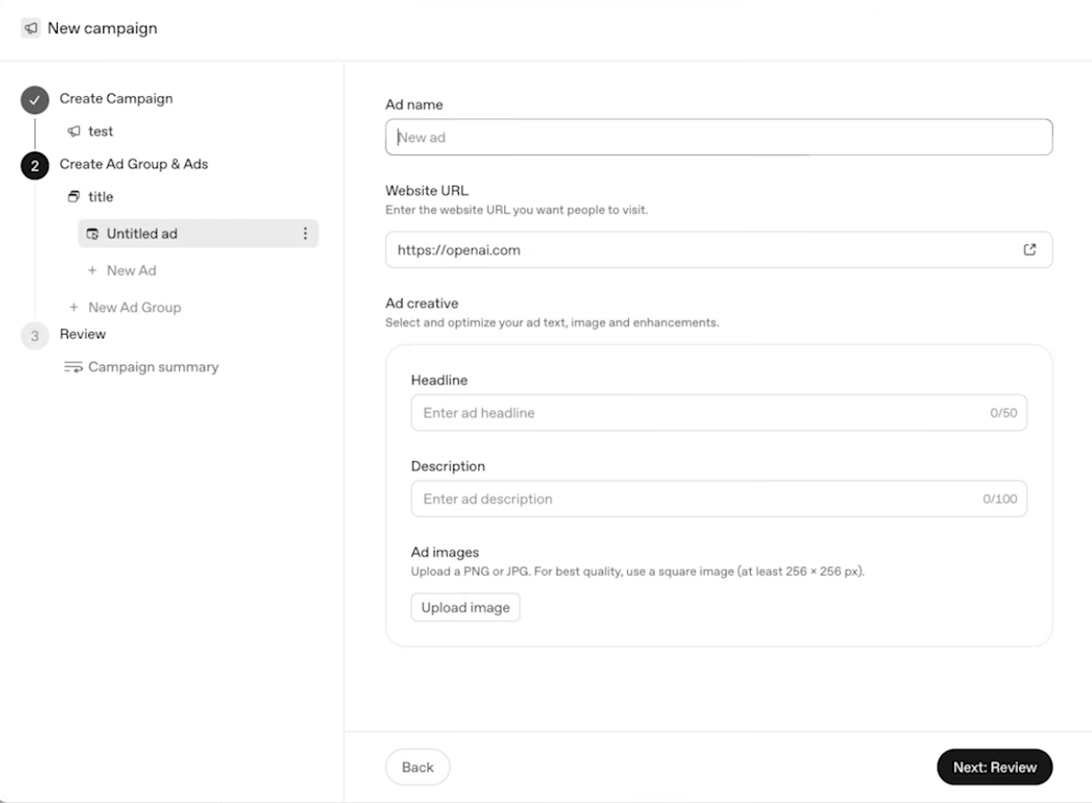 ChatGPT Ads: A Complete Guide (2026) 14 Step 6 of Step-by-Step Guide to Launching a Campaign in ChatGPT Ads Manager creating ad creative and matching destination landing page